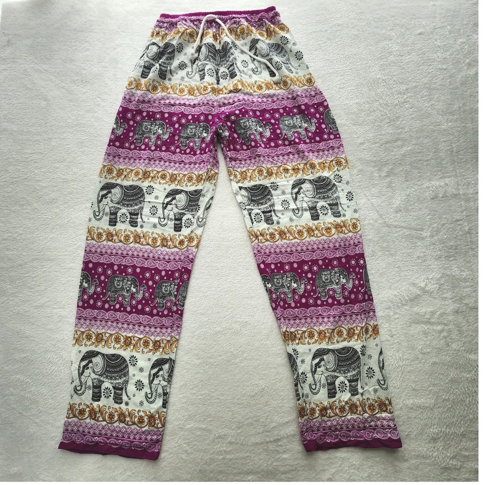 Thai Elephant Print Harem Pants Womens One Size Pink Boho Festival Hippie Beacg